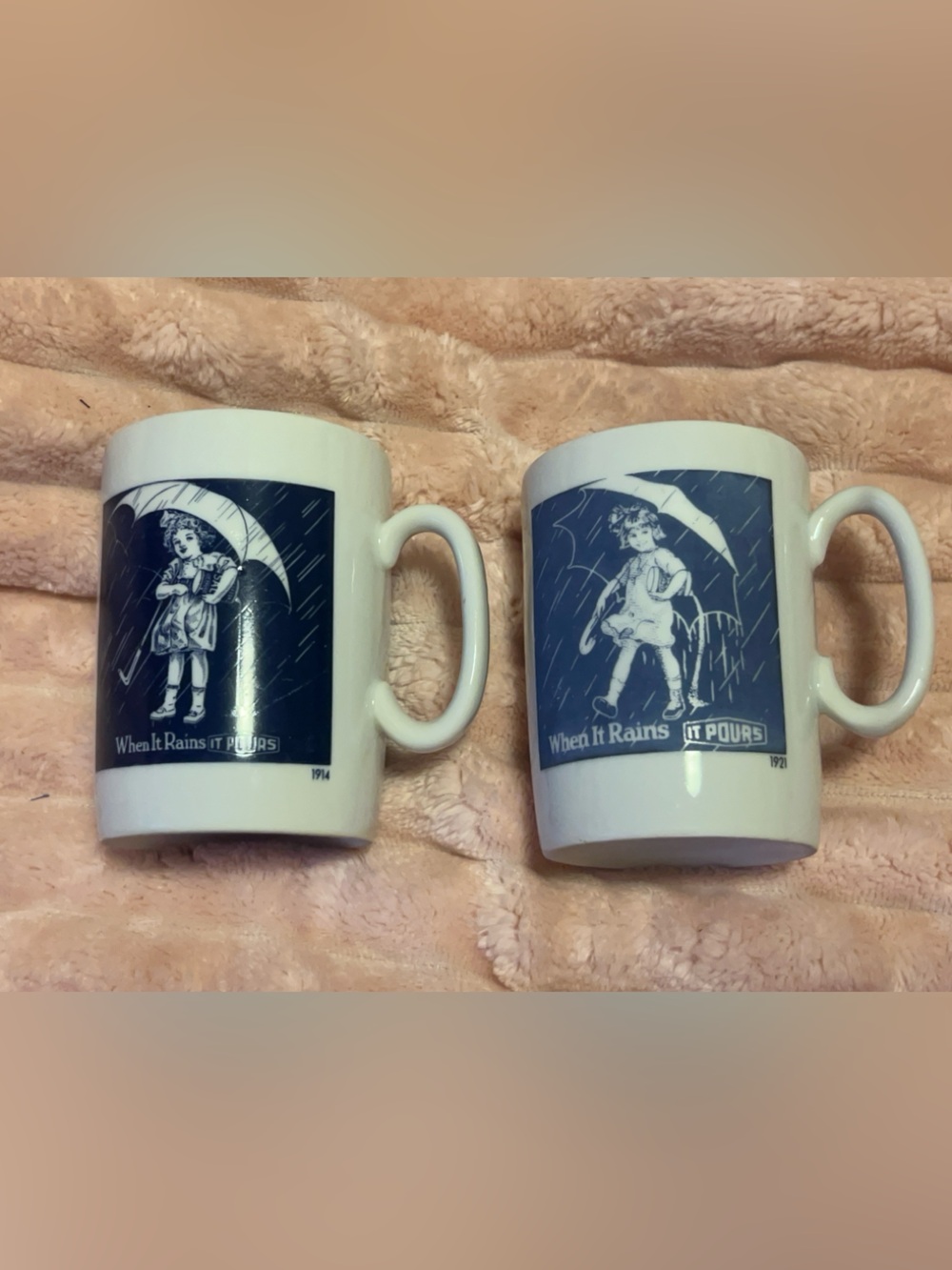 2 Vintage Morton Salt Girl Logo Coffee Mugs 1914 & 1921 Logos Great Condition